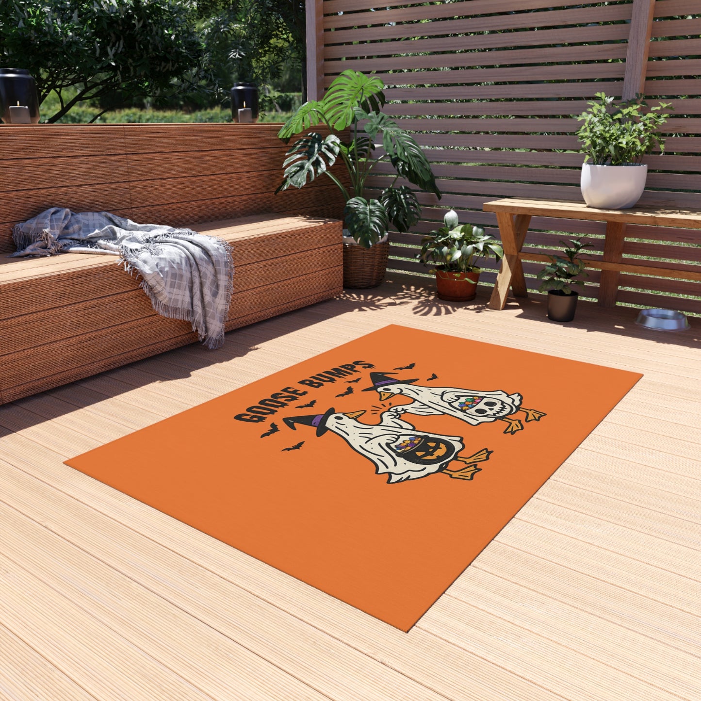 Halloween Goose Bumps Outdoor Rug — Trick-or-Treating Ghost Geese Doormat